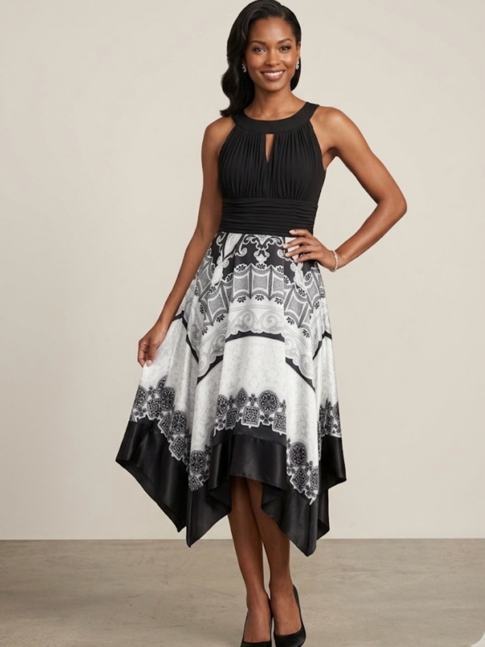 Signature by Sangria Black and White Handkerchief-Hem Dress